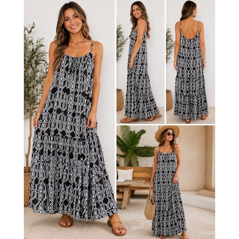 Tash + Sophie Maxi Dress Womens XL Black White Geometric Tiered Boho Sleeveless